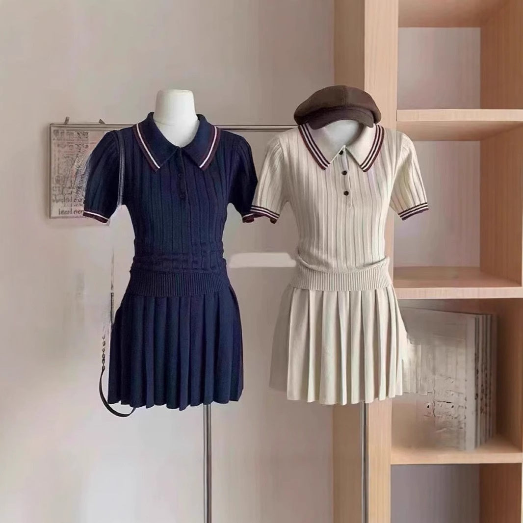 Womens Short Knitted Pleated Skirt Two-Piece Set