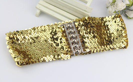 European And American Style Sequins Elastic Waistband Women's A Pair Of Buckles Mirror Fashion Style
