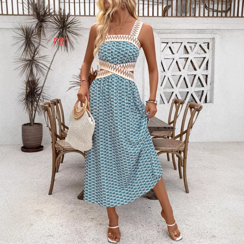 Strap Vintage Print Long Dress