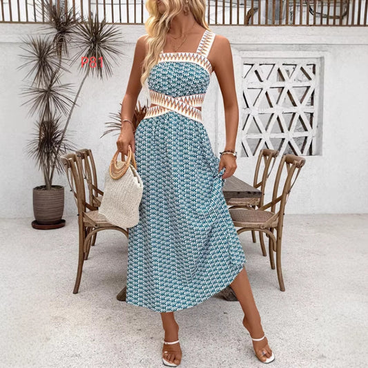 Strap Vintage Print Long Dress