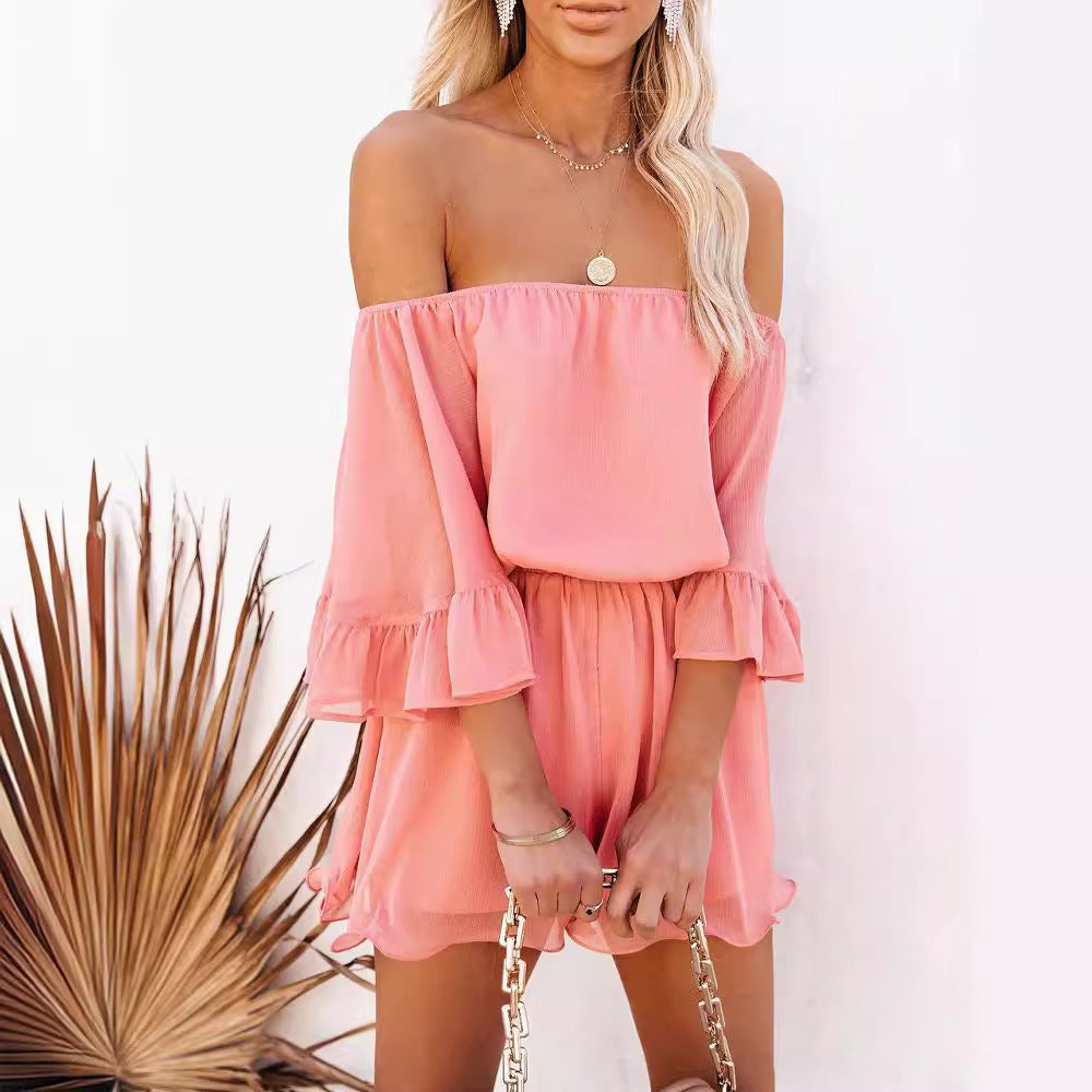 Patchwork Short Sleeve Loose Solid Color Chiffon Jumpsuit