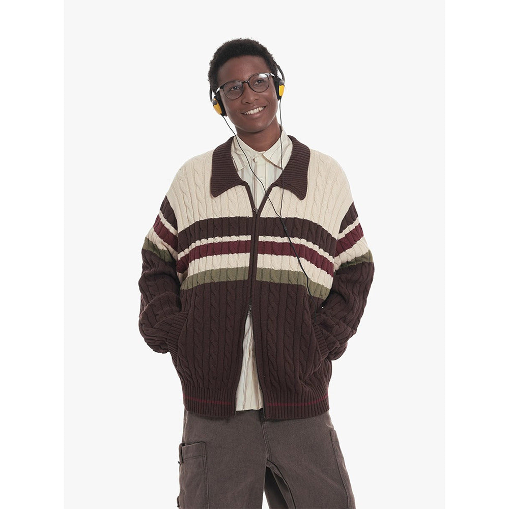 Twisted Woolen Yarn Striped Double-headed Zipper Cardigan Sweater