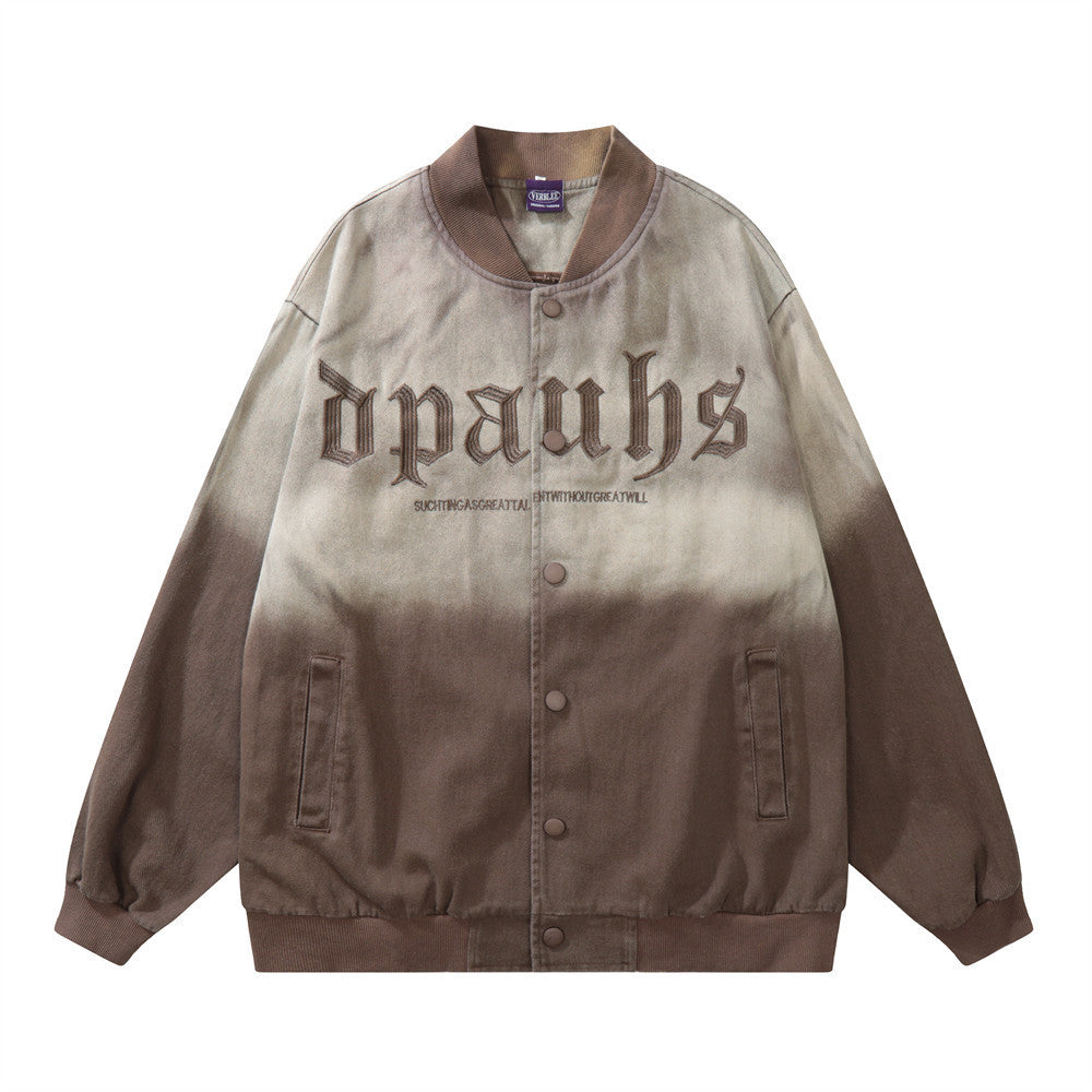 Tie-dye Gradient Embroidered Letter Denim Coat Trendy Street High Street Loose Jacket