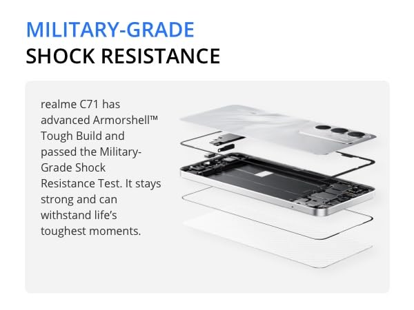 realme C71 5G smartphone, 6 + 128 GB, 6 000 mAh batteri, 45 W laddning, Octa-Core chipset, 50 MP AI-kamera, 24 GB dynamiskt RAM, 120 Hz skärm, grad stötdämpning, daglig vattenbeständighet, vit svan