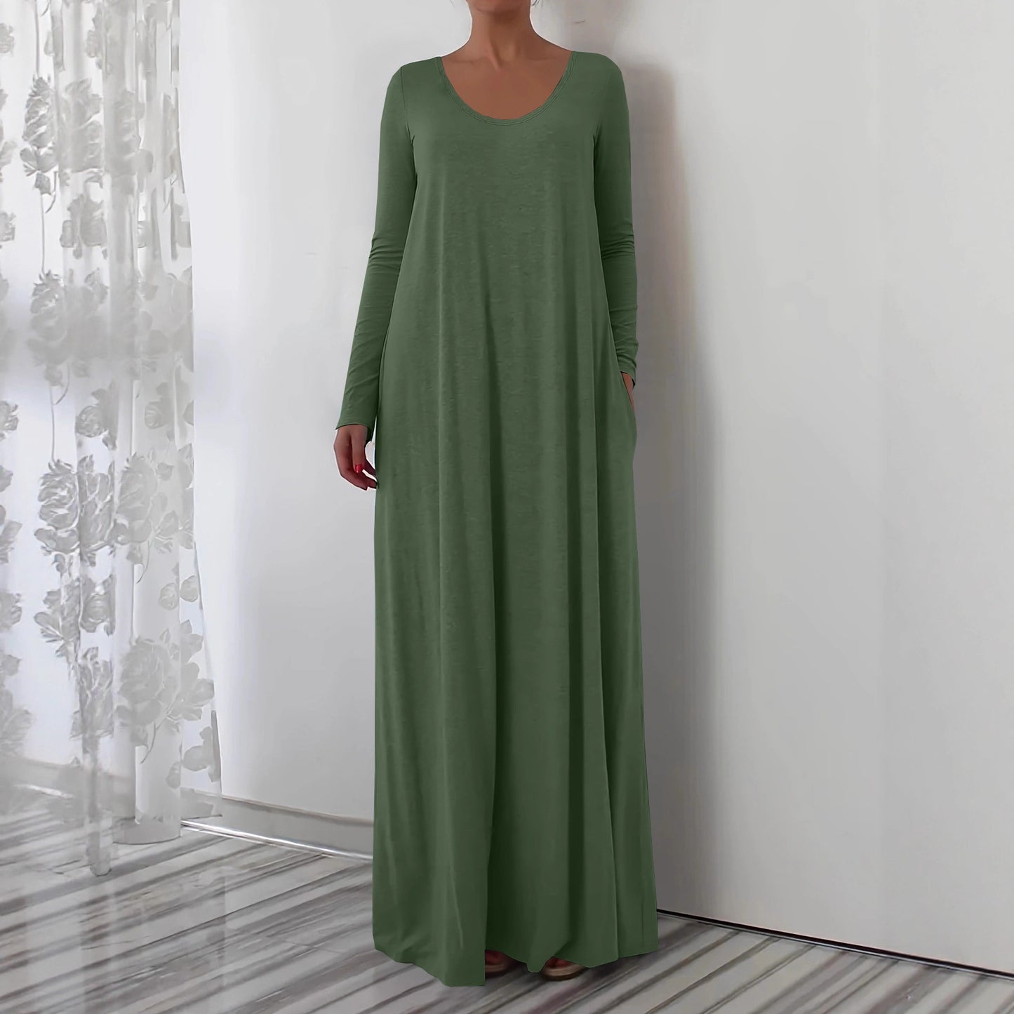 Female Loose Fit Simple Long Solid-color Dress