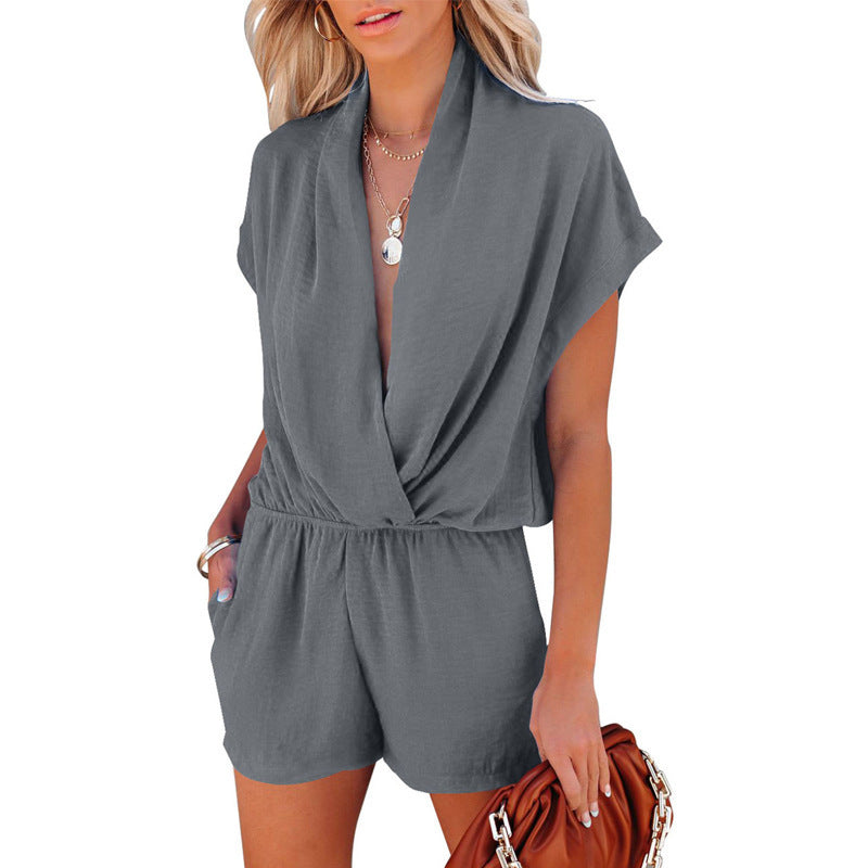 Women's Deep V-Neck Cross Pockets Slim Casual Jumpsuit