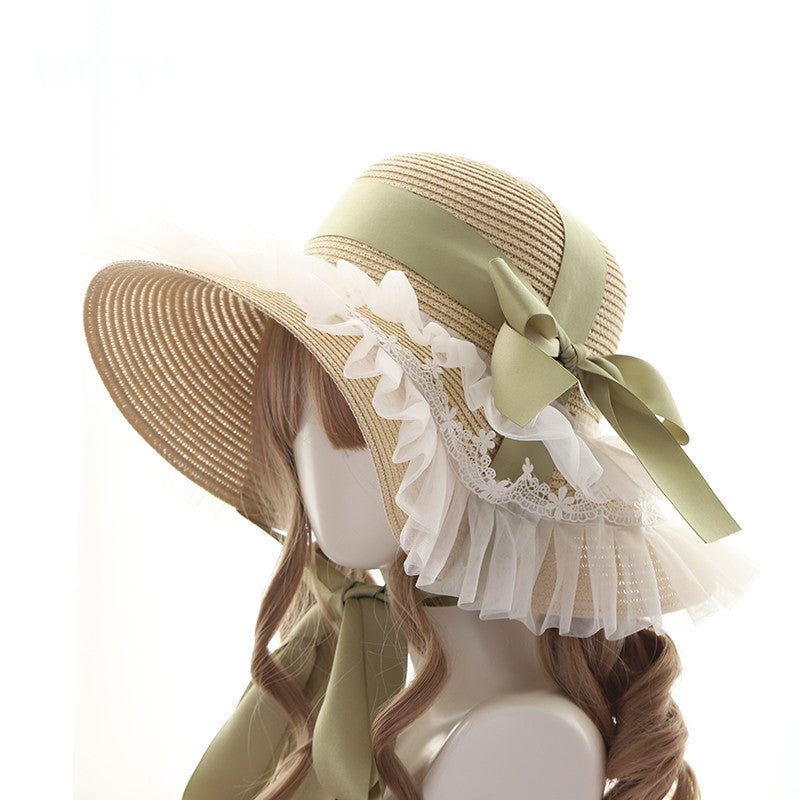 Straw Hat Women's Big Brim Lace Shade Pastoral Bow Ribbon