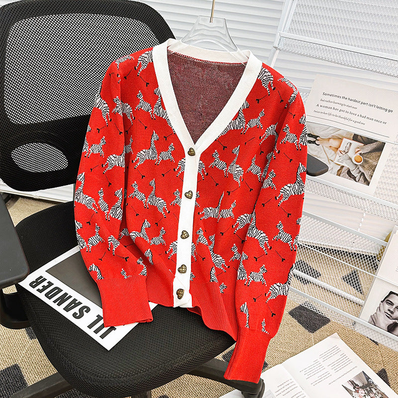 Red Western Style Zebra Jacquard V-neck Long-sleeved Coat For Women