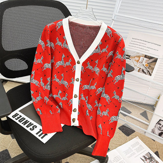 Red Western Style Zebra Jacquard V-neck Long-sleeved Coat For Women