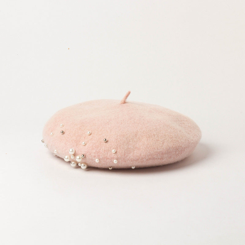 Fashion Casual Round Pearl Decorated Wool Bud Hat