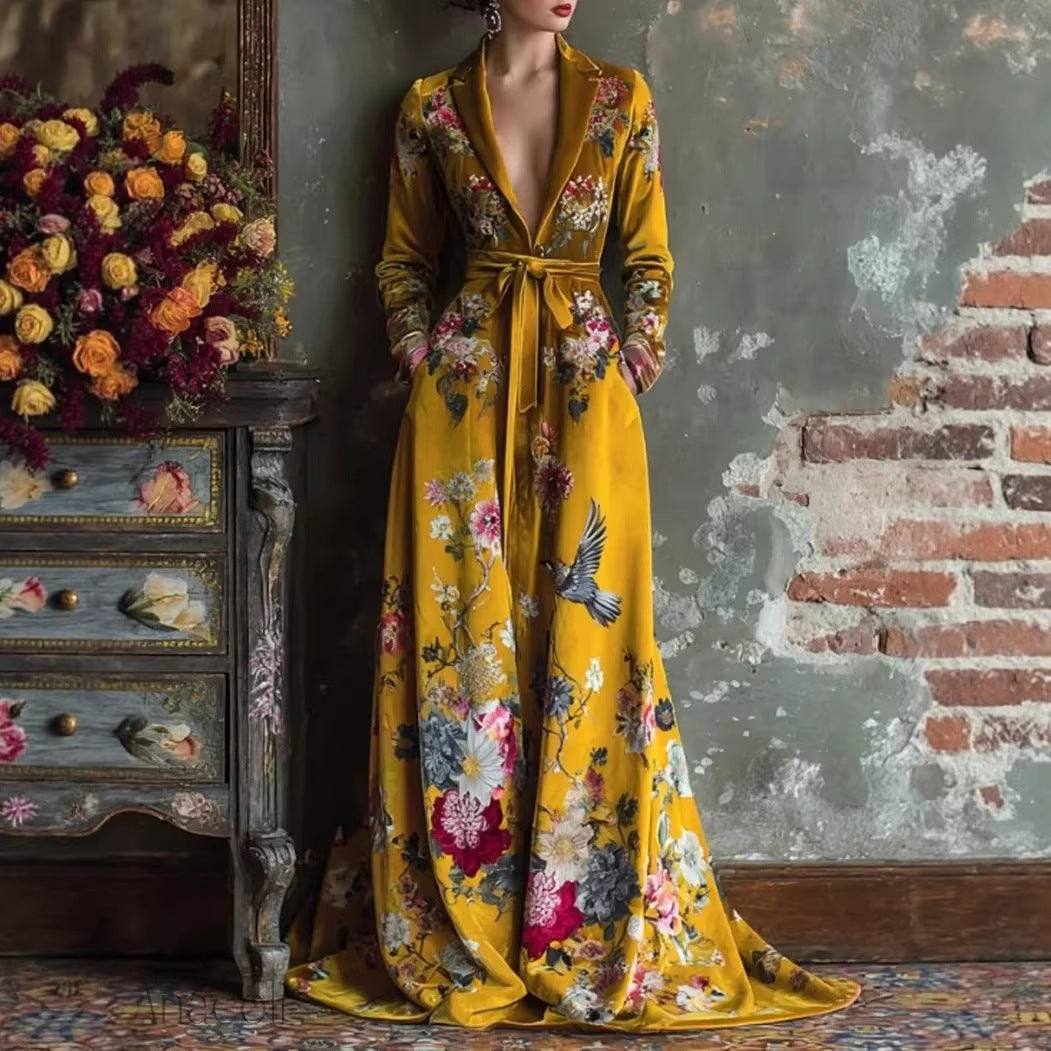 V-neck Long-sleeve Floral Lace-up Maxi Dress