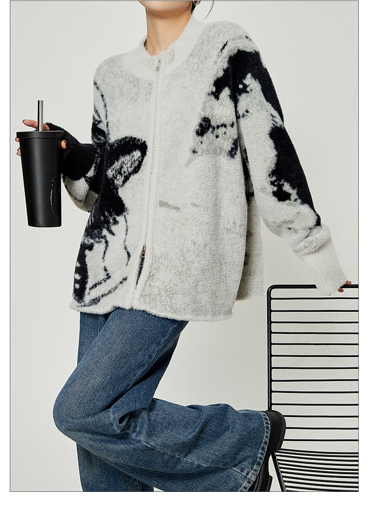 Grey Color Blocked Cardigan Sweater Round Neck Knit