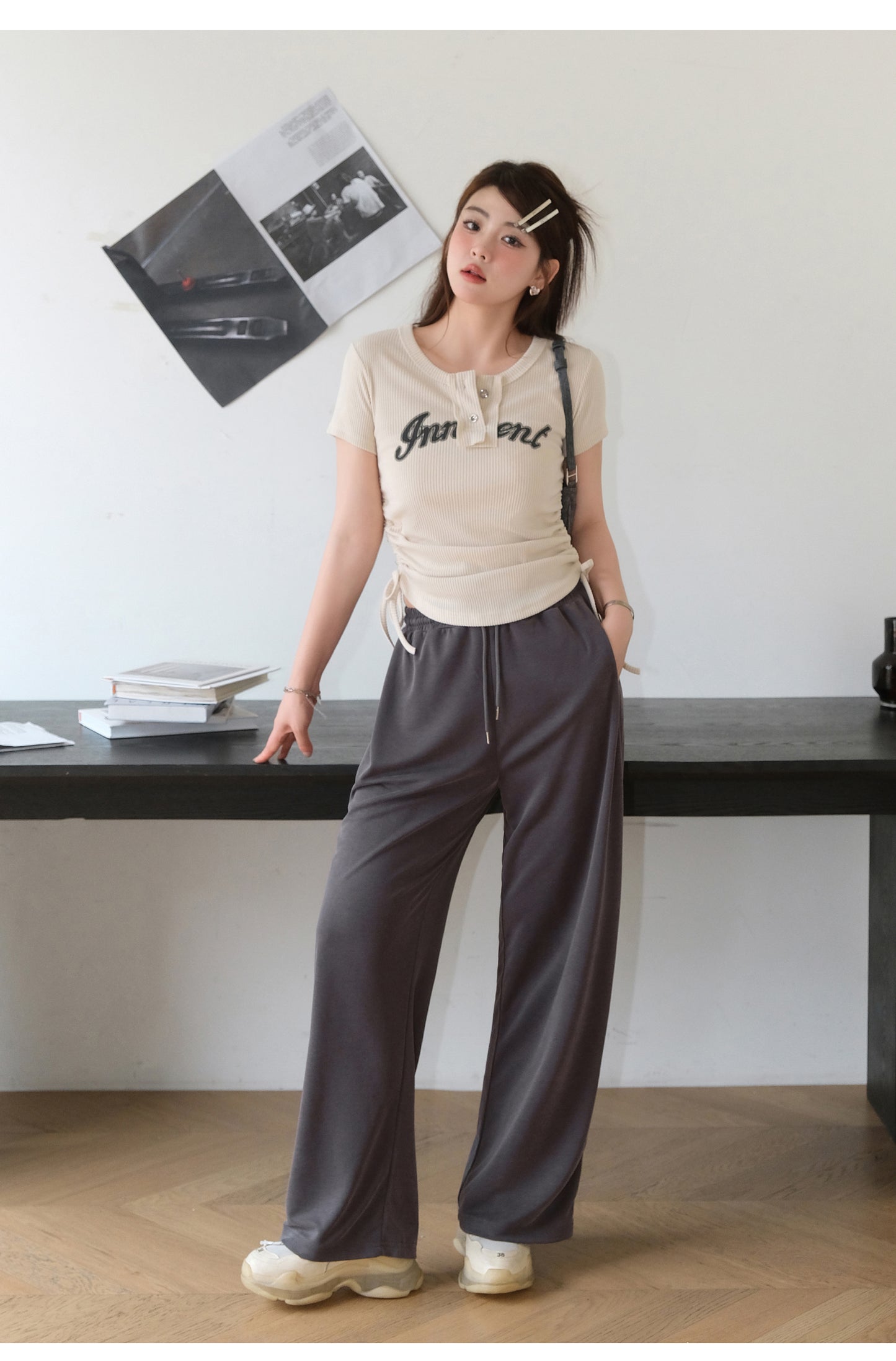 Women's Short-sleeved T-shirt With Loose Shoulder Width Slimming Drawstring Printed