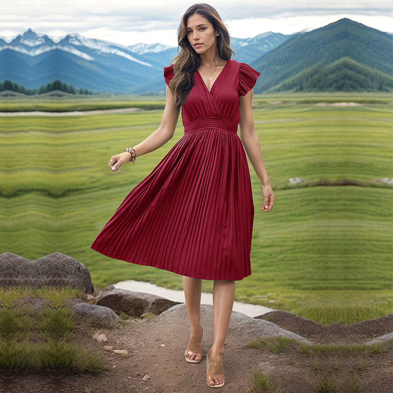 Simple Elegant V-neck High Waist Pleated Dress