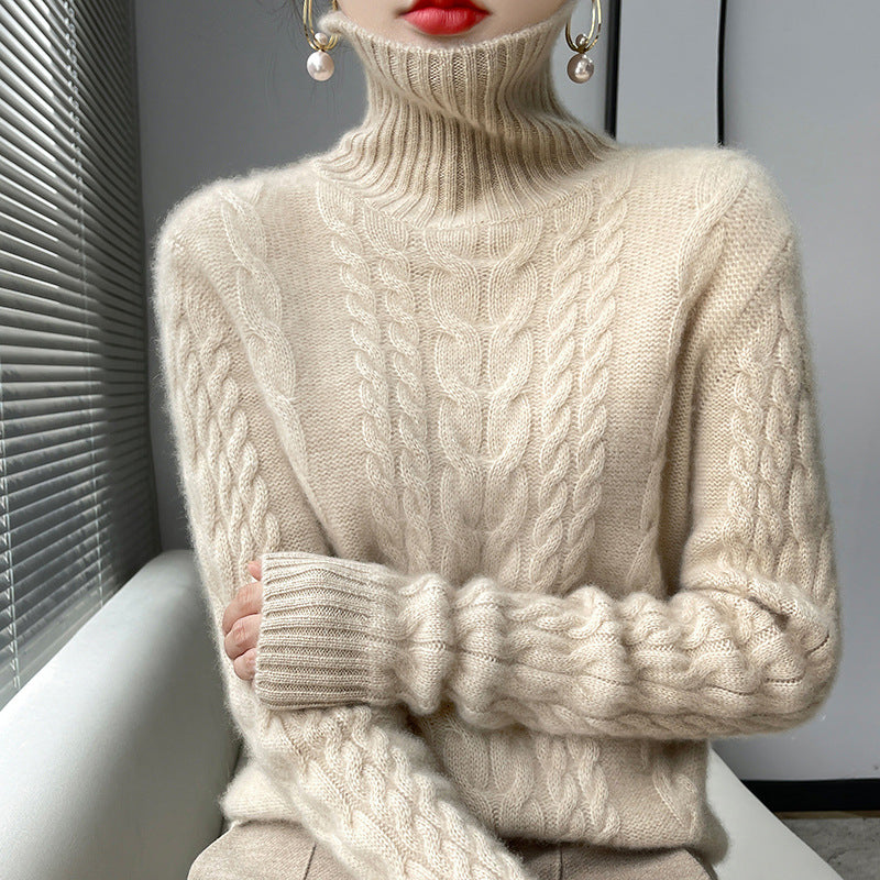 Kabelstrikket rullekrave-sweater, ensfarvet, alsidig dame-pullover med blidt temperament