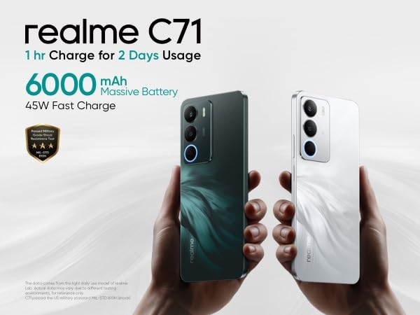 realme C71 5G smartphone, 6 + 128 GB, 6 000 mAh batteri, 45 W laddning, Octa-Core chipset, 50 MP AI-kamera, 24 GB dynamiskt RAM, 120 Hz skärm, grad stötdämpning, daglig vattenbeständighet, vit svan