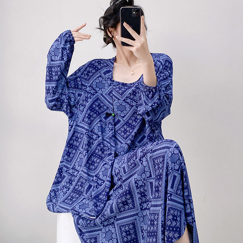 Womens Loose Casual Printed Camisole Dress And Outerwear Set