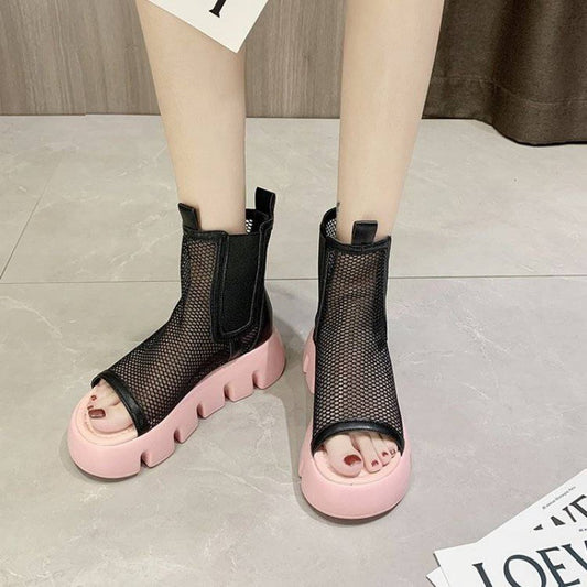 Soft Leather Mesh Hollow Platform Platform Wedge Martin Boots