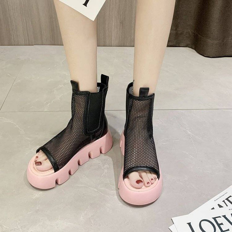 Soft Leather Mesh Hollow Platform Platform Wedge Martin Boots