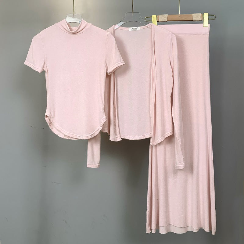 Semi-high Neck Short-sleeve T-shirt Cardigan Fishtail Skirt Three-piece Set For Women