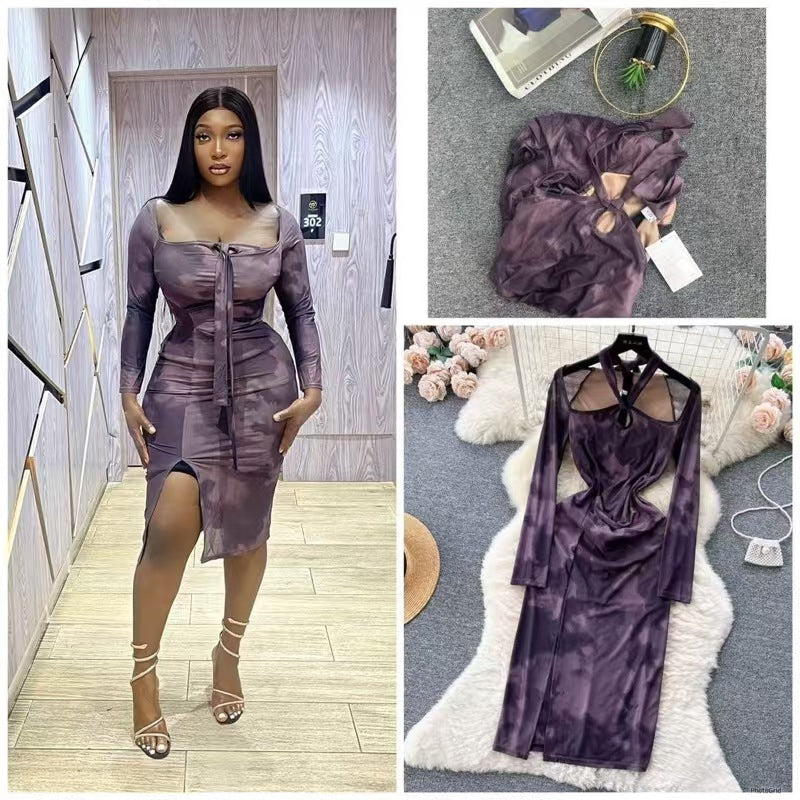 Mesh Print Floral Split Long-sleeve Midi Dress