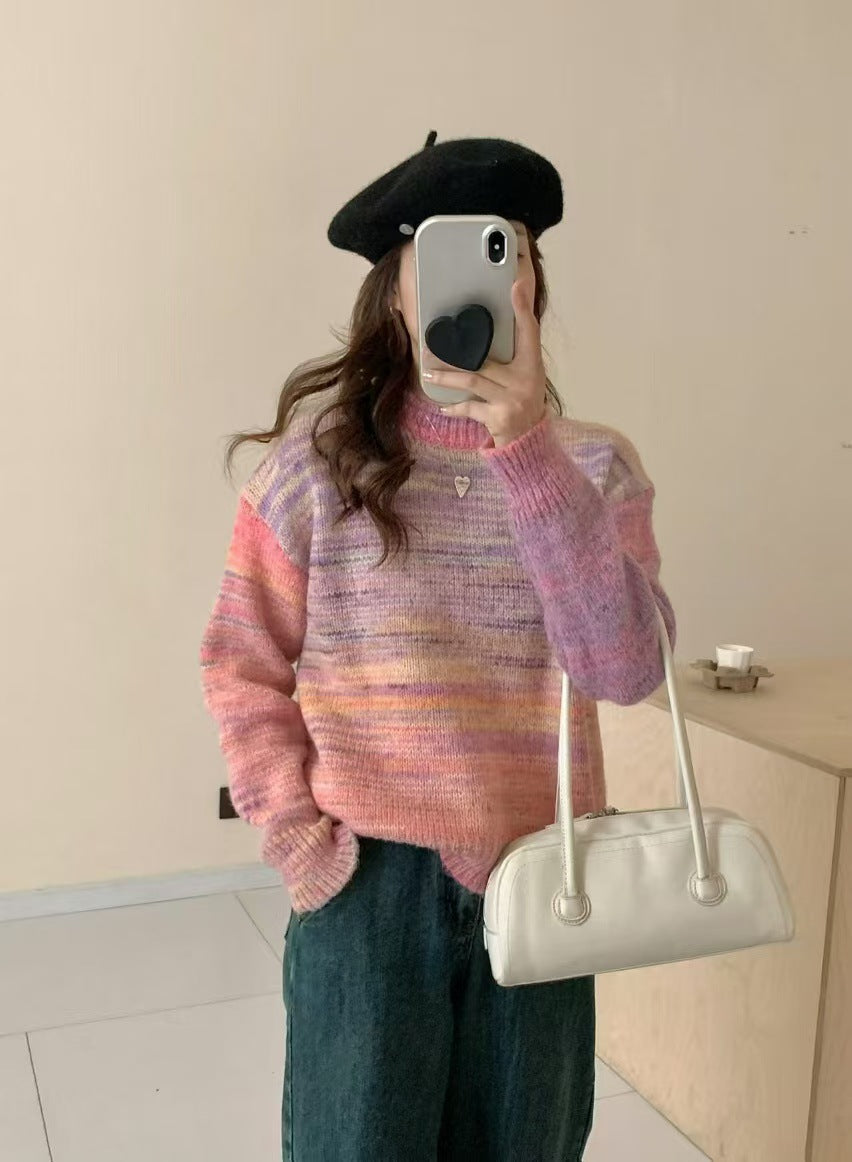 Women's Rainbow Gradient Retro Round Neck Knitted Shirt