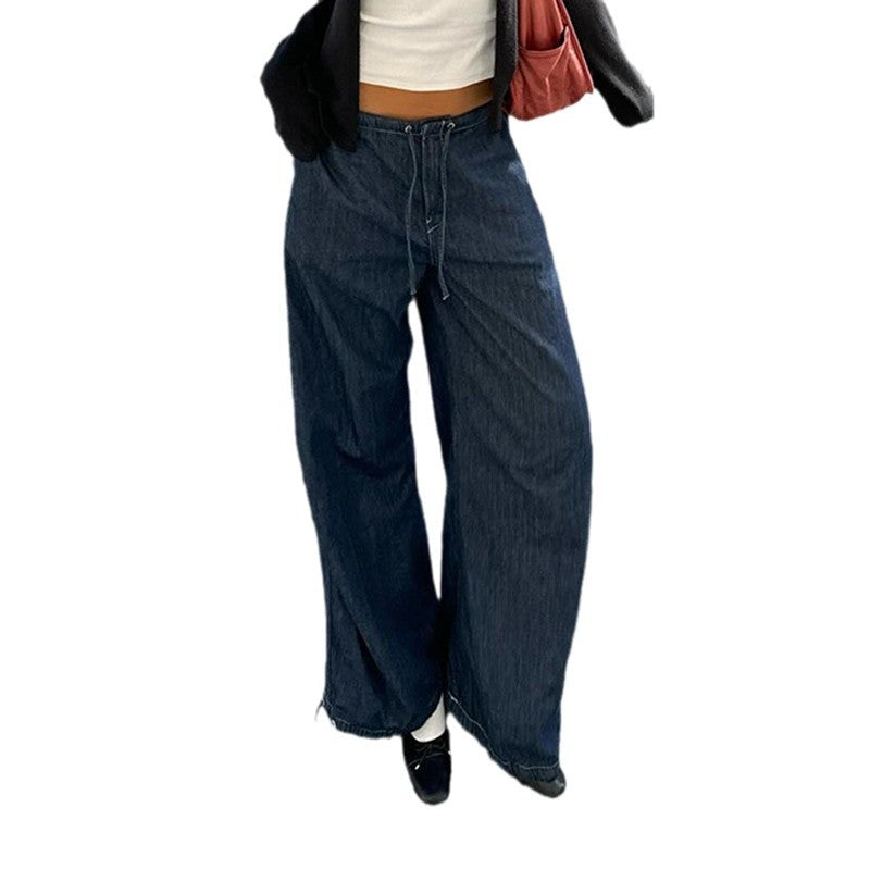 Retro Dark Blue High Waist Lace-up Jeans High Street Wide-leg Casual Pants