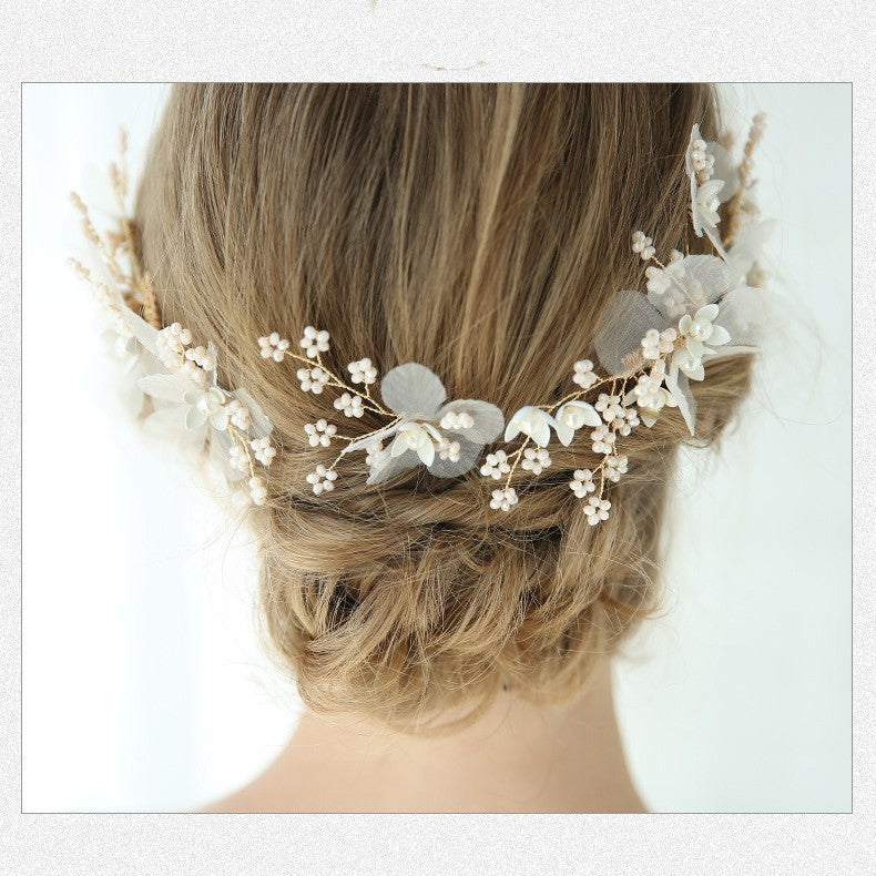 Bride Headdress Hand-woven White Porcelain Flower Pearl