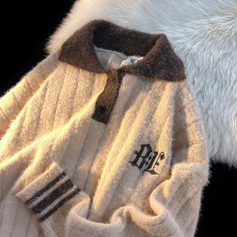 Soft Cream Retro Polo Neck Sweater Loose Small Crowd
