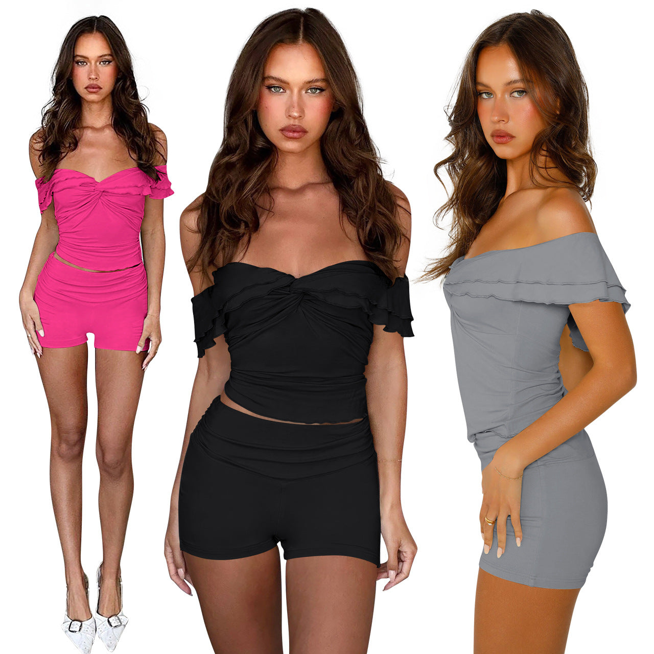 Off-the-shoulder Milk Silk Double-grind Two-piece Set