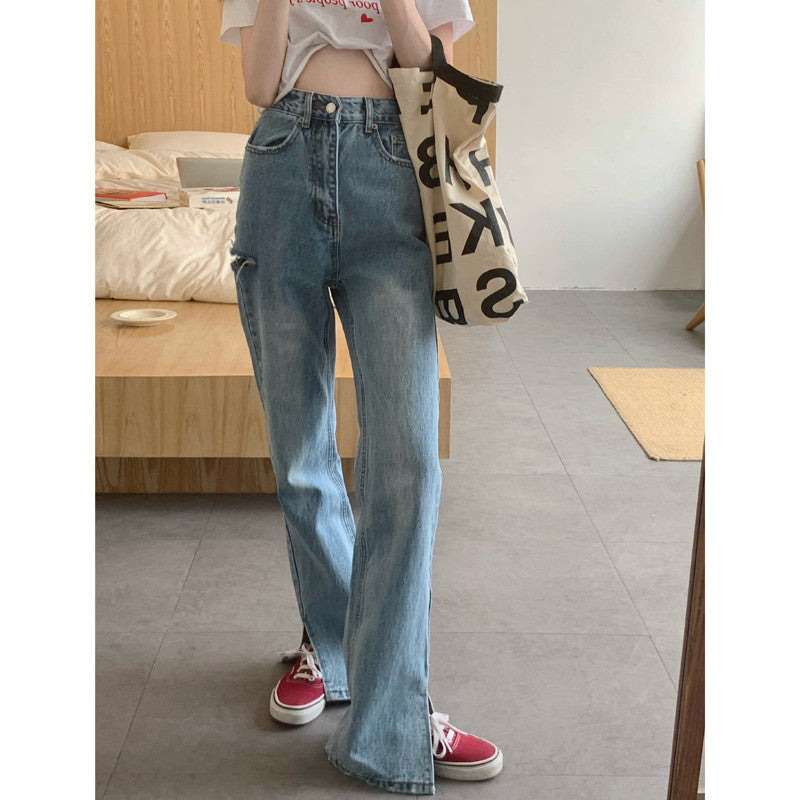 Women's Retro Loose High Waist Slit Jeans