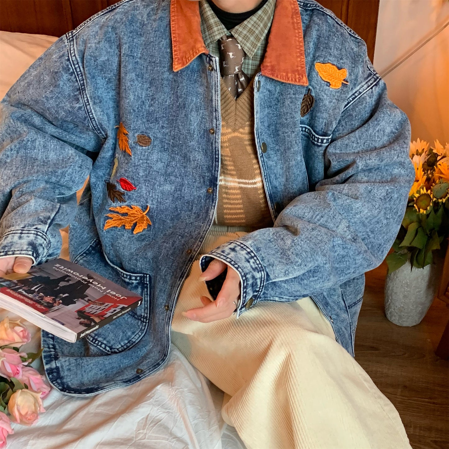 Vintage Maple Leaf Embroidered Washed Do The Old Cowboy Mid-length Coat