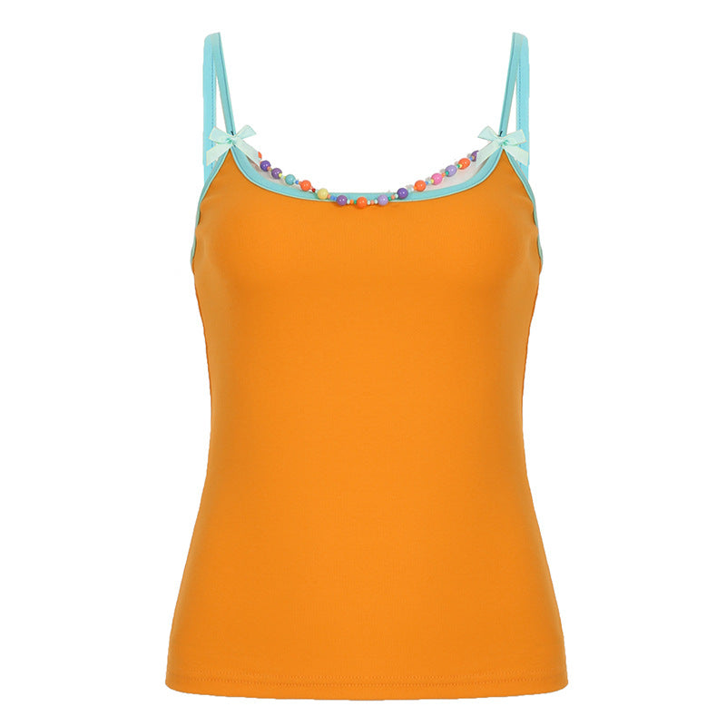 Summer Girl Dopamine Color Beaded Bow Small Sling Sexy All-matching Top
