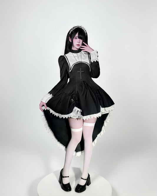 Dark-style Embroidered Halloween Nun Costume For Cosplay Performances