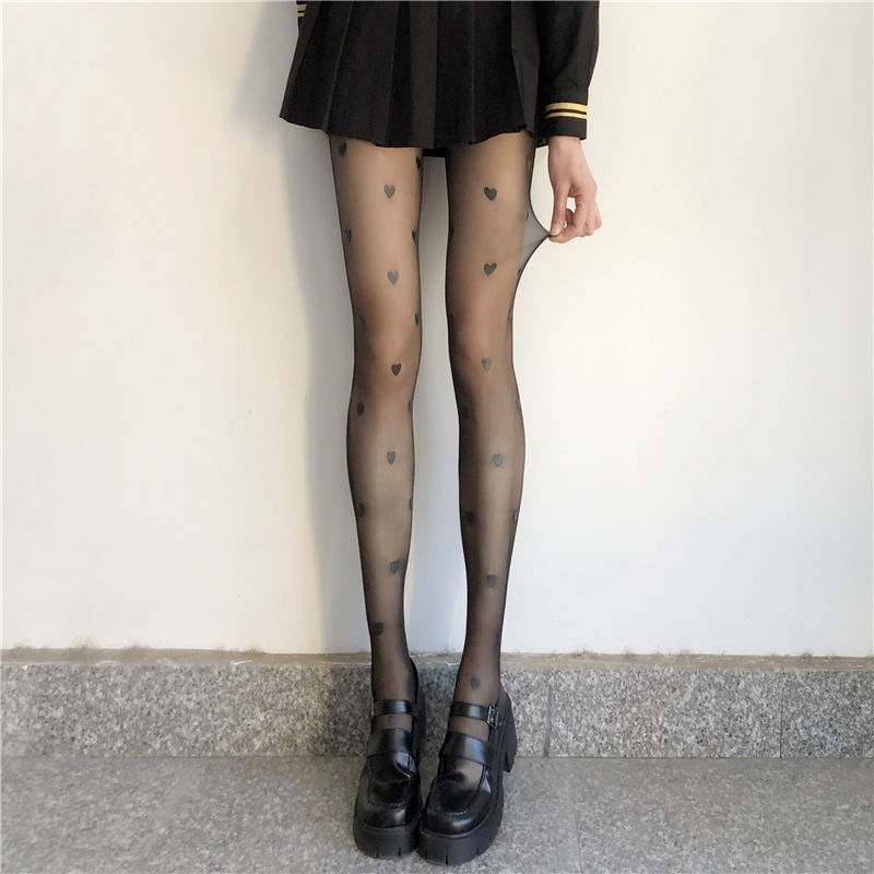 Summer Thin Black Love Print Stockings