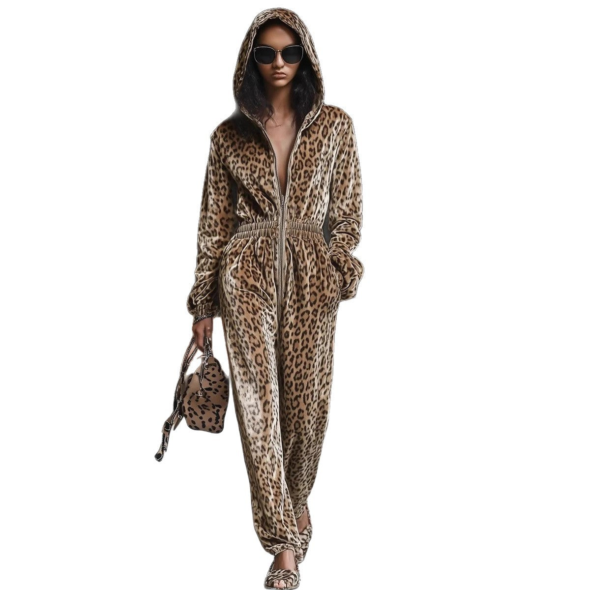 Womens Hooded Long-sleeve Leopard-print Jumpsuit With Long Pants