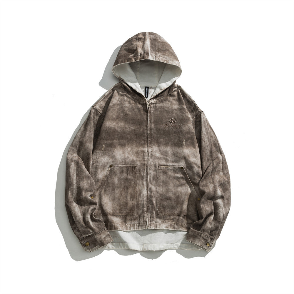 Waste Soil Wind Ripped Distressed Dirty Denim Hooded Jacket