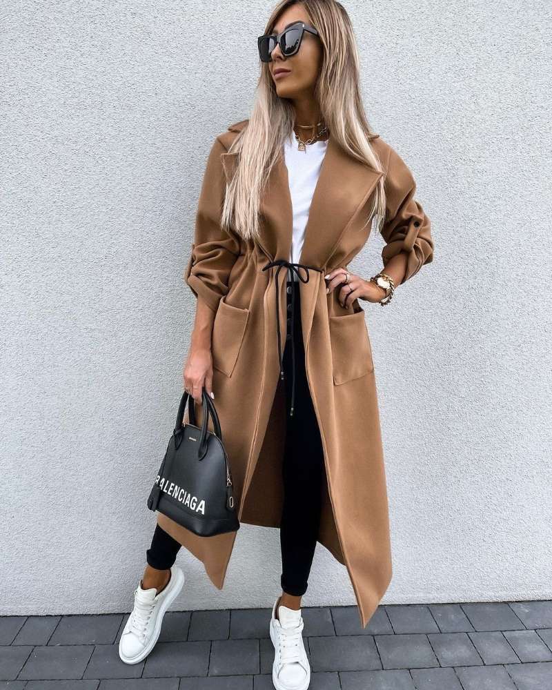 Autumn And Winter Long-sleeved Button Lapel Warmth Solid Color Long Woolen Coat