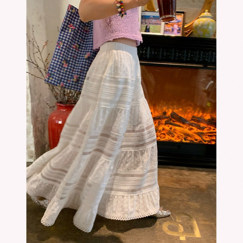 French Hollow Lace A- Line Dress Mop Skirt