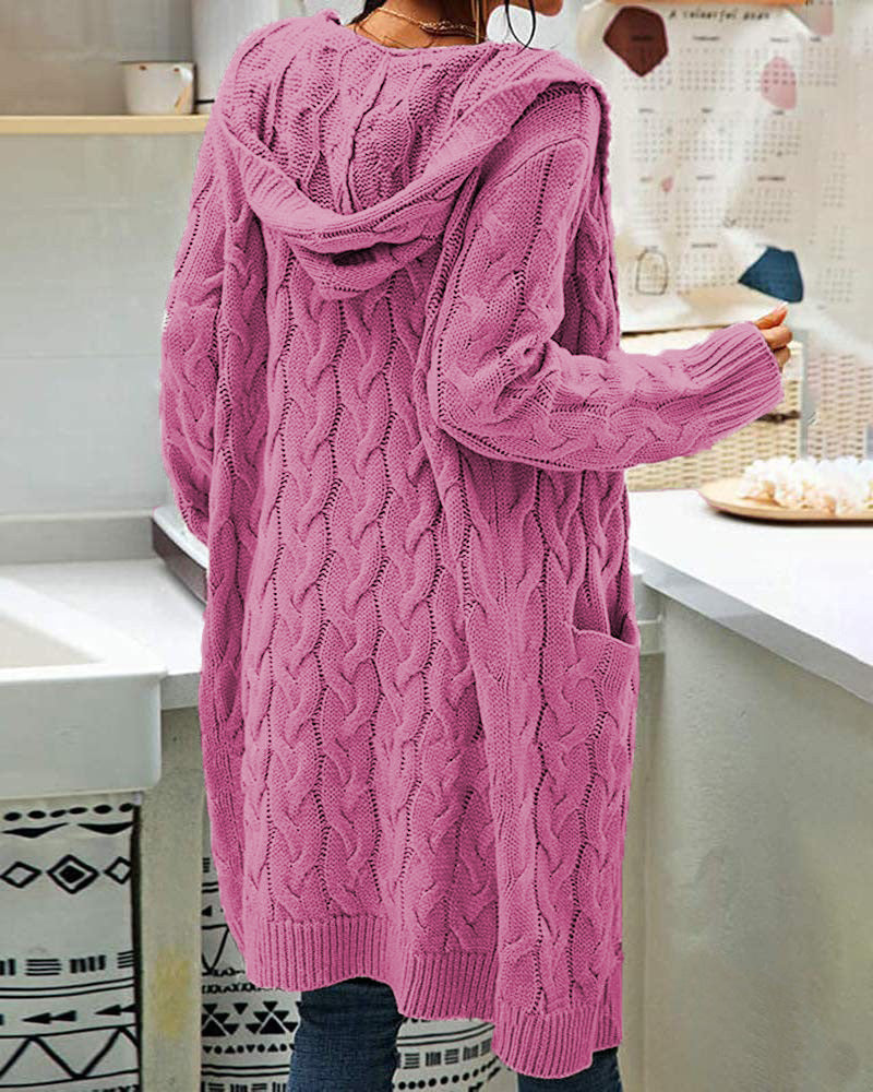 Long Knitted Plus-size Solid-color Sweater With Long Sleeves And Pockets