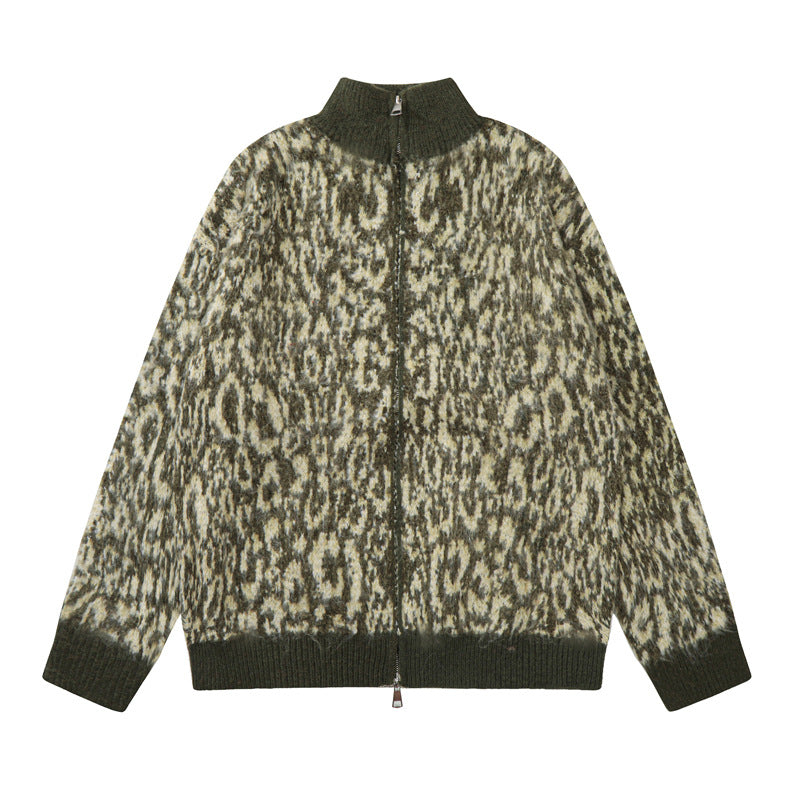 Double-headed Zipper Leopard Cardigan Sweater American Retro