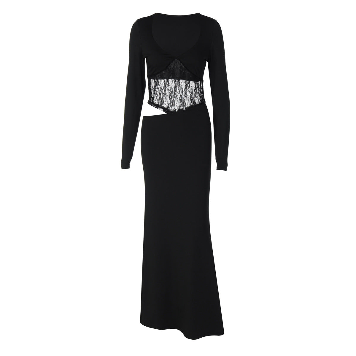 Solid-color Long-sleeve Lace-panelled Maxi Dress Sexy Hollow-out One-piece Gown