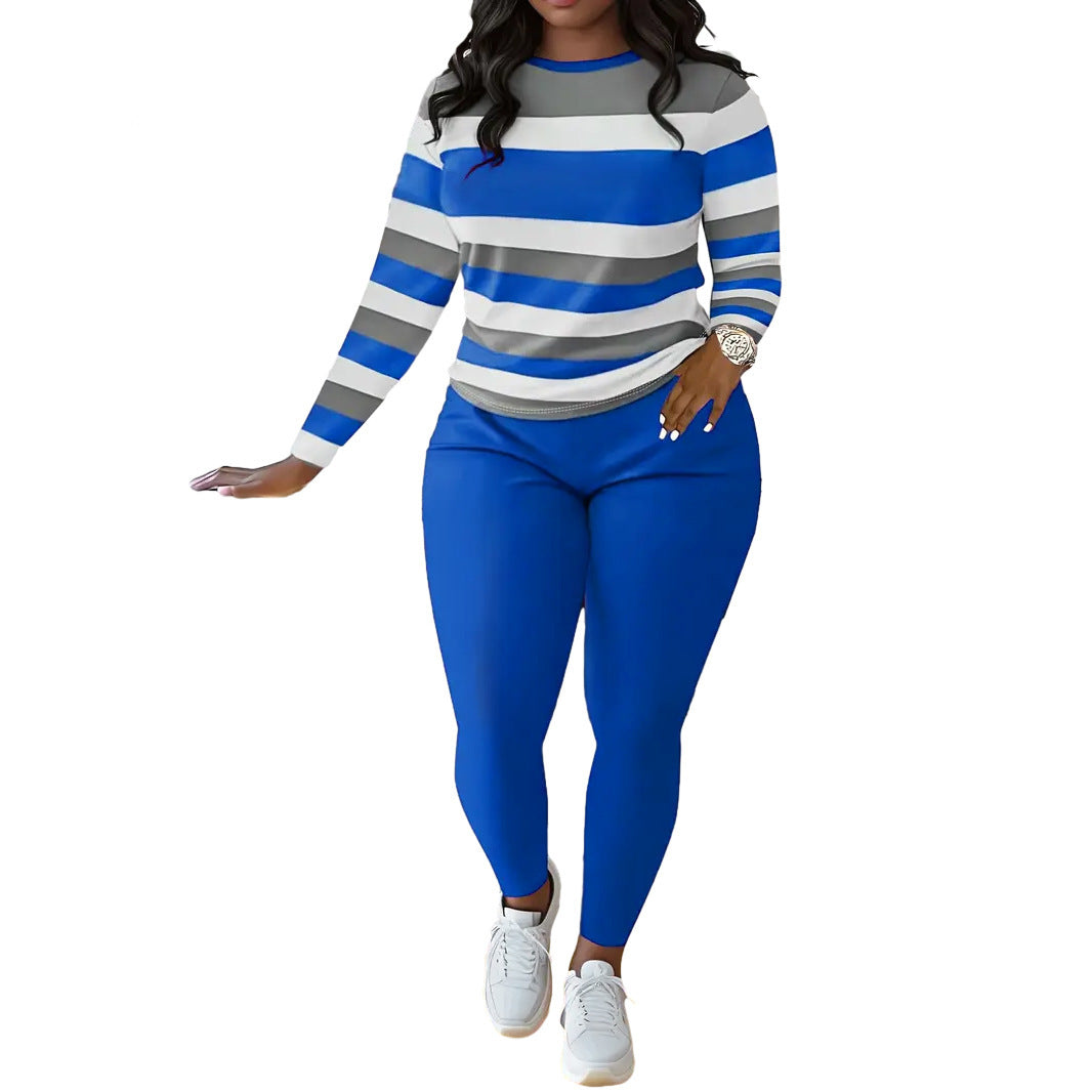 Stylish Striped Print Crew-neck Long-sleeve Pants Set