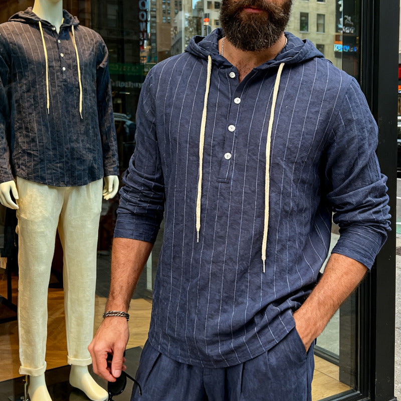 Mens Loose-Fit Casual Long-Sleeve Hooded Shirt
