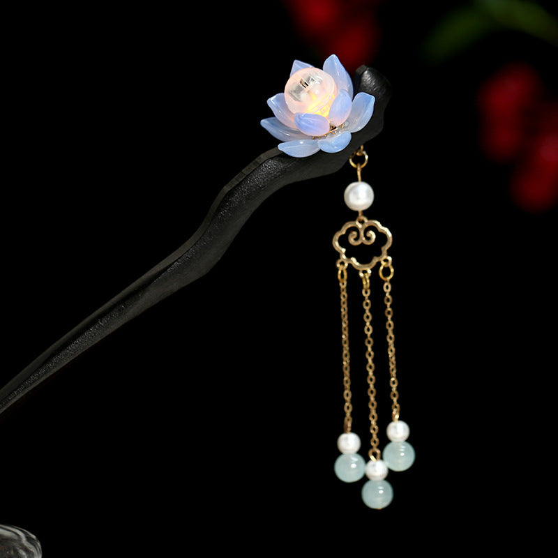 Chinese Luminous Lotus Tassel Hair Clasp Blackwood Niche Updo Hair Clasp Hanfu Hairpin