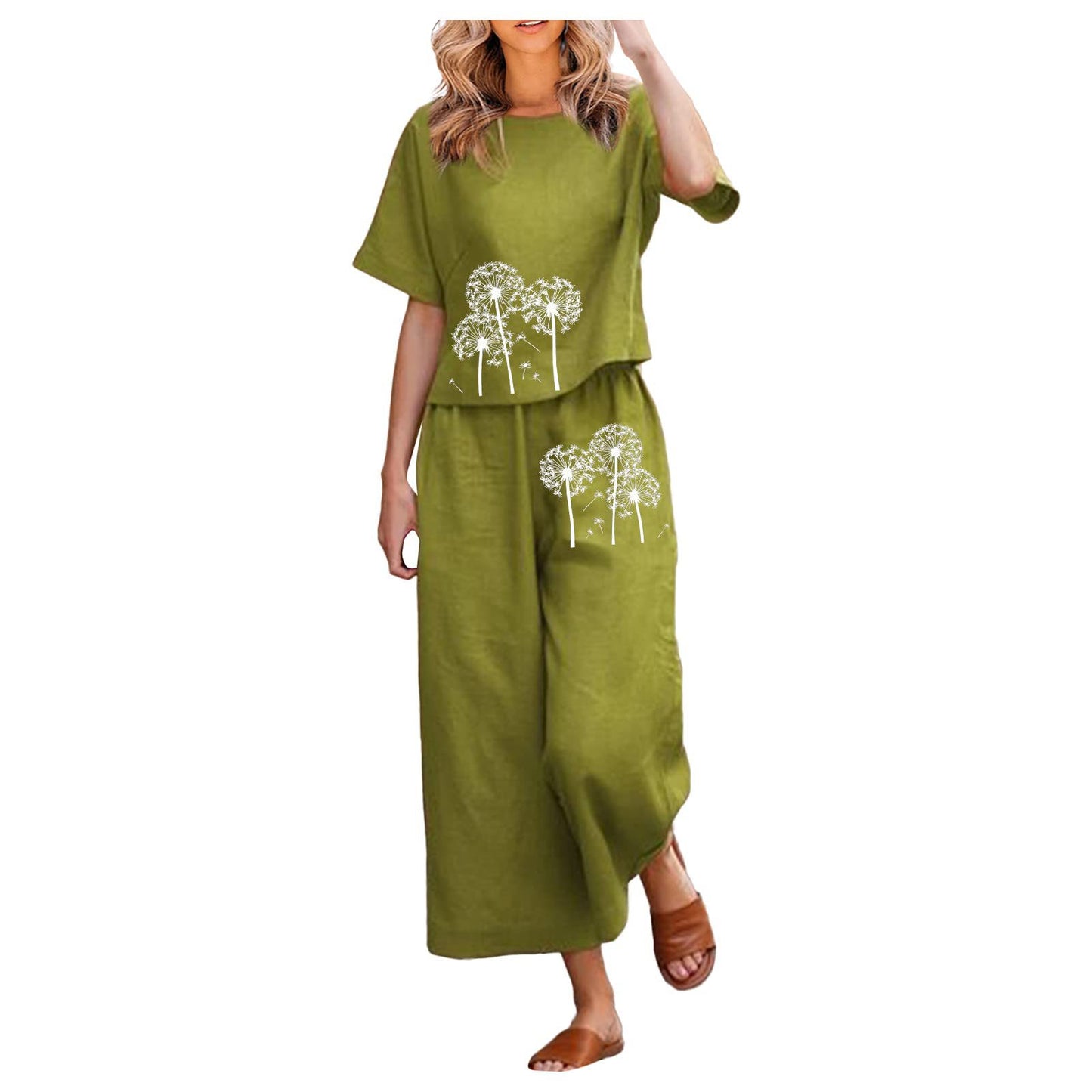 New Solid-color Short-sleeve Set With Heat-transfer Print, Two-piece Set
