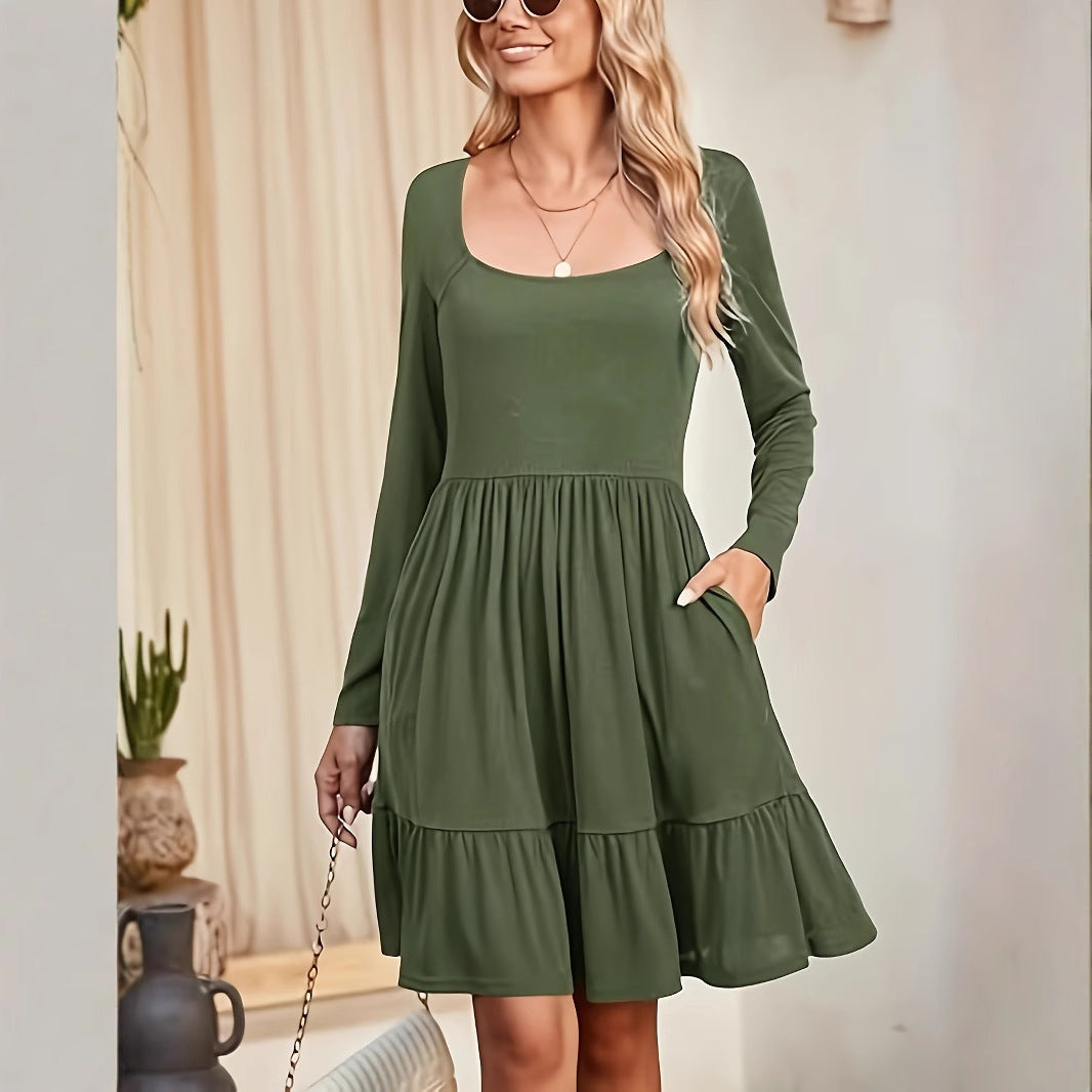 Elegant Round-Neck Pleated Solid-Colored Dress For Women