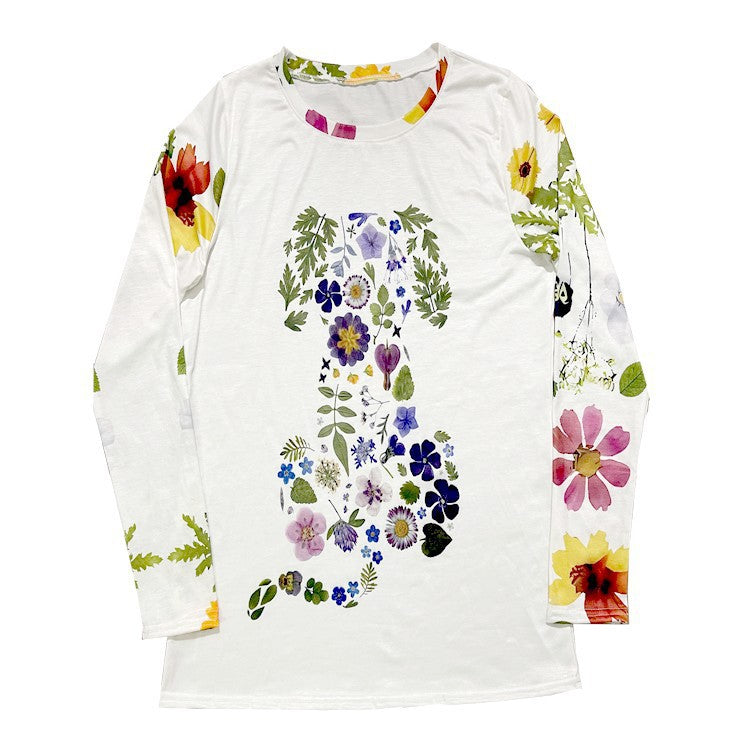 Women's Pullover Floral Printed Round Neck Long Sleeve T-shirt