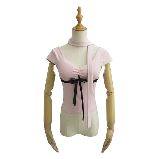 Hot Girl Niche Pure Desire V-neck Lace Up Tight Short-sleeved T-shirt