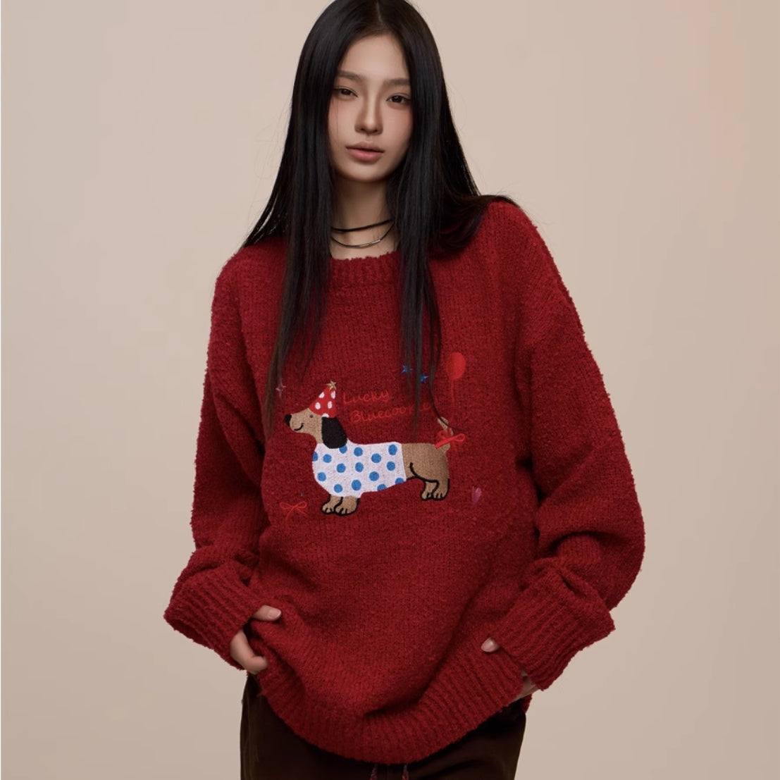 Christmas Red Couple's Sausage Dog Towel Embroidered Sweater